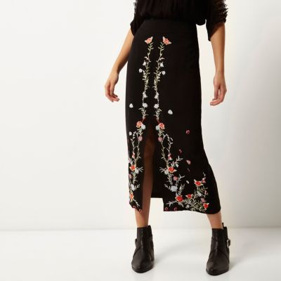 Black floral embroidered pencil midi skirt
